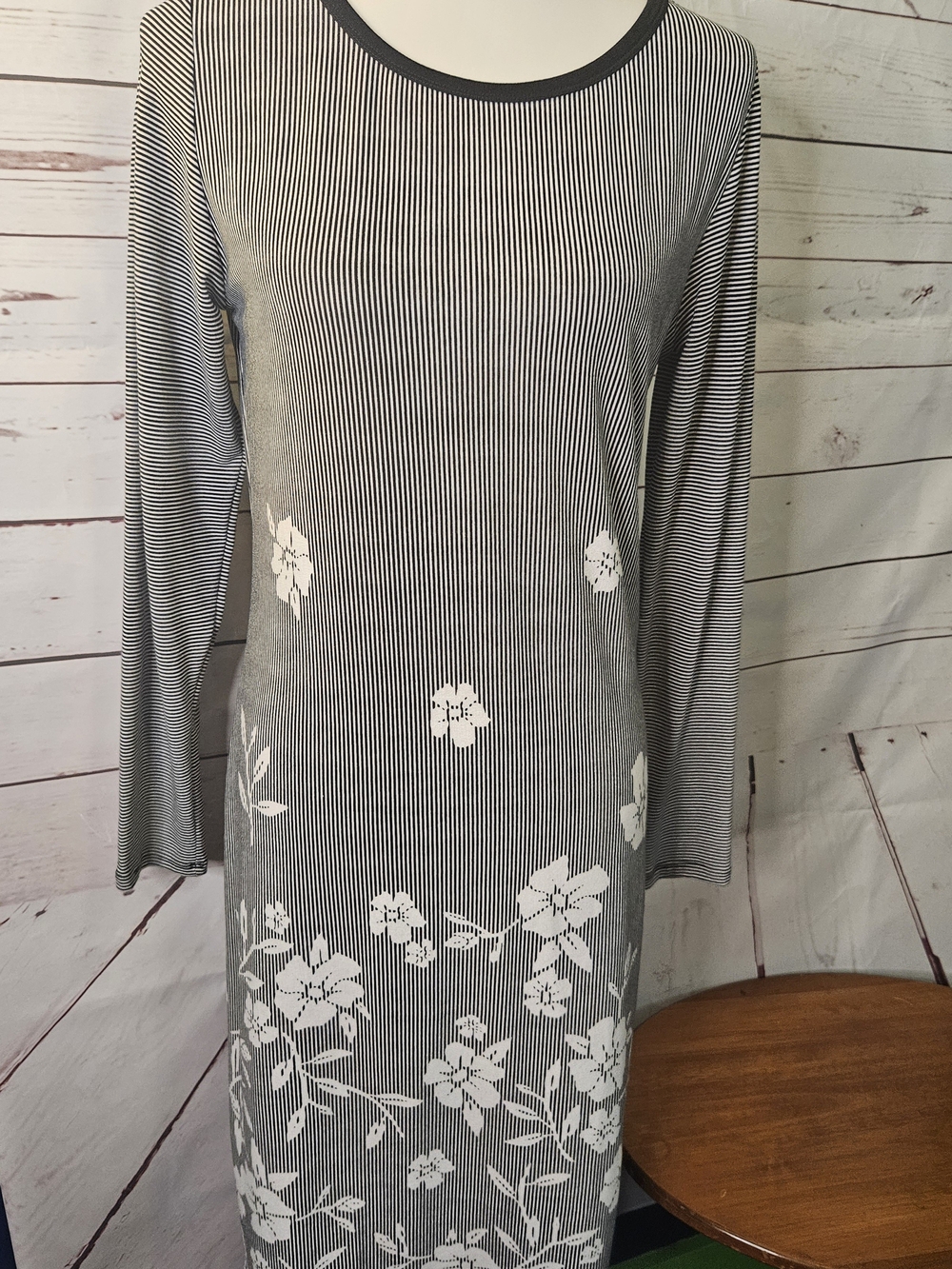 LuLaRoe Black and White Striped Floral Asymmetrical Dress
